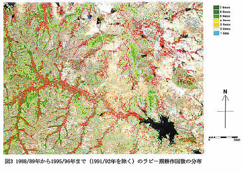 図3 1988/89年から1995/96年まで（1991/92年を除く）のラビー期耕作回数の分布