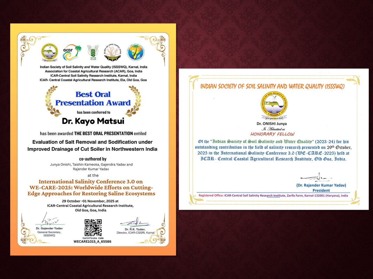 賞状(左:松井研究員、右:大西PL)