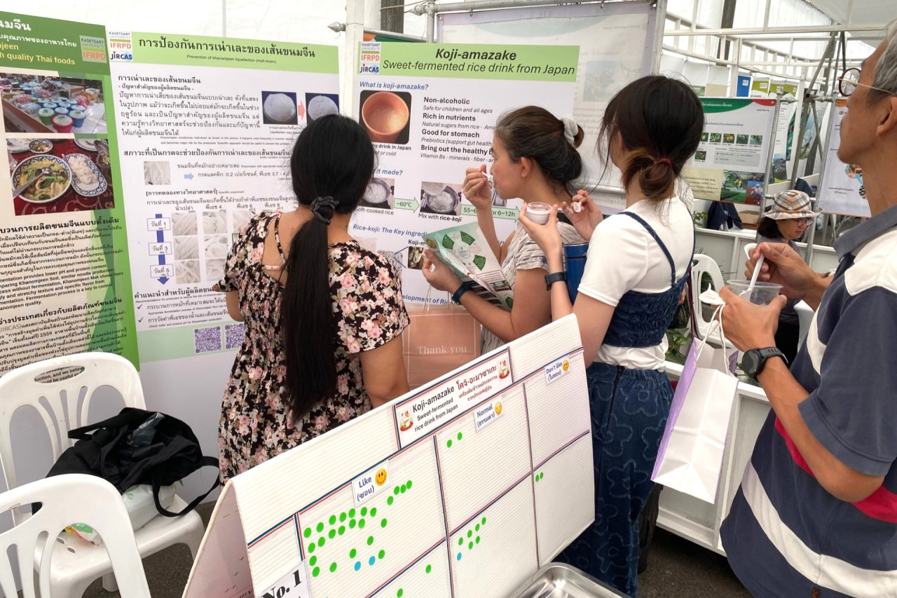 発酵米麺、麹甘酒展示を見学する来場者