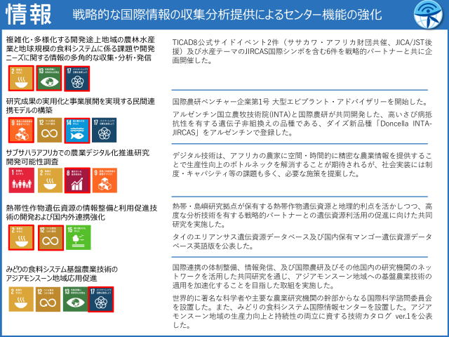 情報：戦略的な国際情報の収集分析提供によるセンター機能の強化