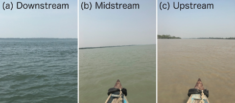 Fig. 1. Photographs of river water conditions in the (a) downstream, (b) midstream, and (c) upstream reaches of Ywe River on 9 March 2018