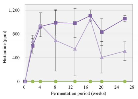 Fig. 2. Fermentation period-dependent change of histamine contents in experimental padaek fermentation under salinities of 18% (●), 10% (■), and 6.5% (▲)