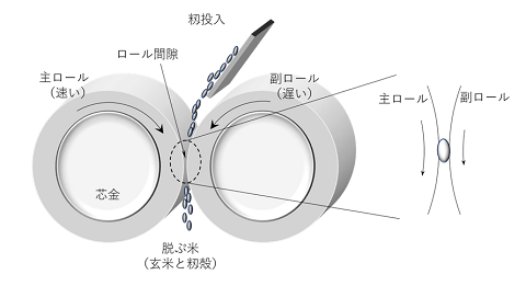 図1 ロール籾摺り機の模式図