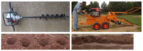 図1 部分耕として使用する携帯型深穴掘り器（左）と深溝掘り機（右）