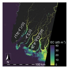 図3 衛星画像の緑色バンドの反射率から求めた電気伝導度(EC)マップ（2018年3月12日）